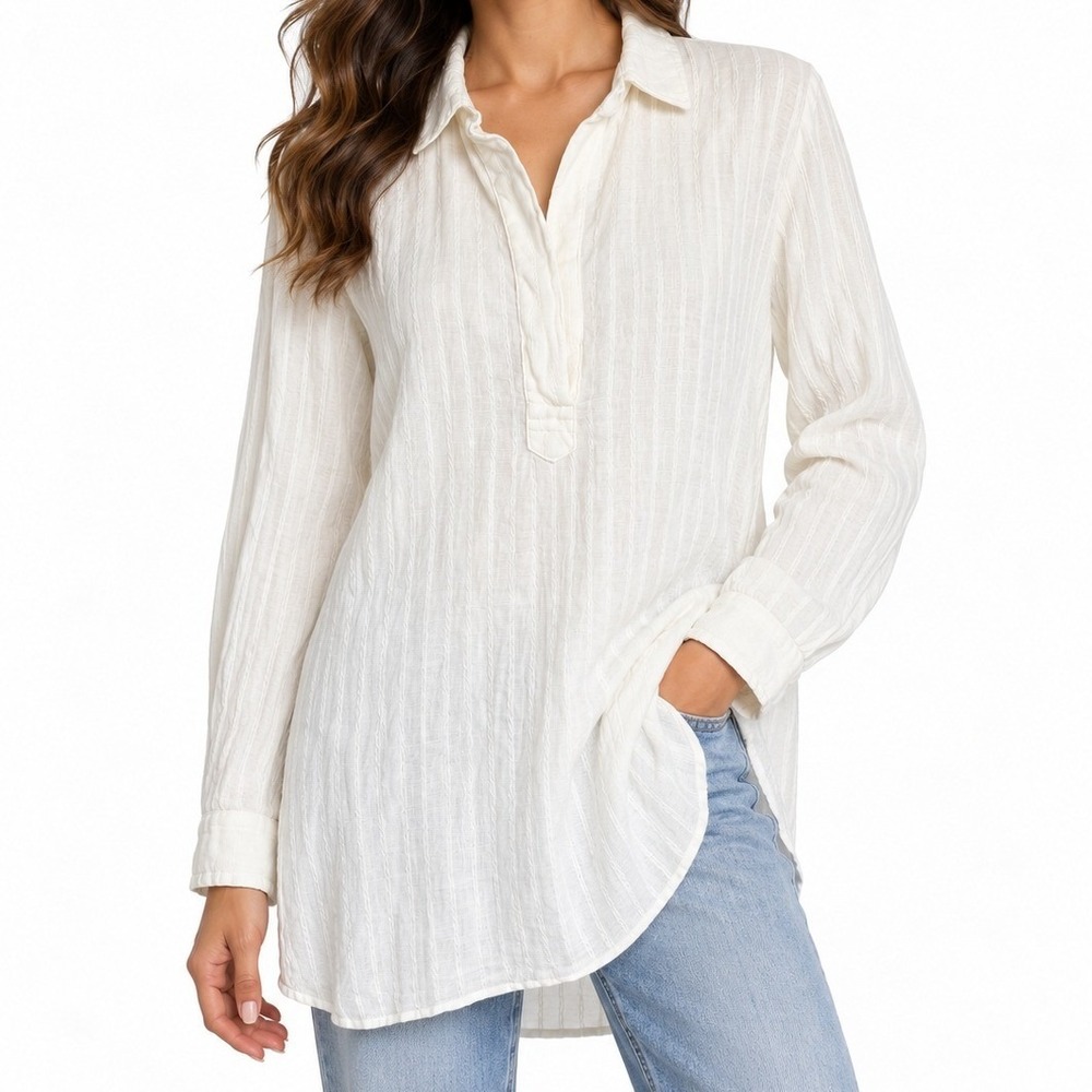 CP Shades Linen Tunic Top Ivory White Long Sleeve Popover Shirt XS